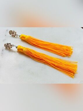 Bright Yellow Silk Tassel Earrings with Rhinestone Studs